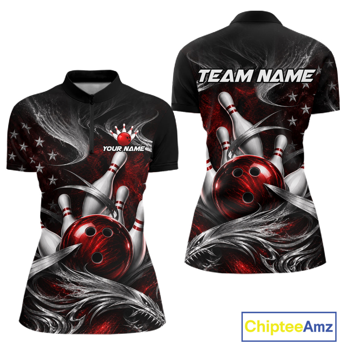 Custom Red Silver Smoke Bowling Team Shirts Bowling Jersey for Women Bowling League HNT536