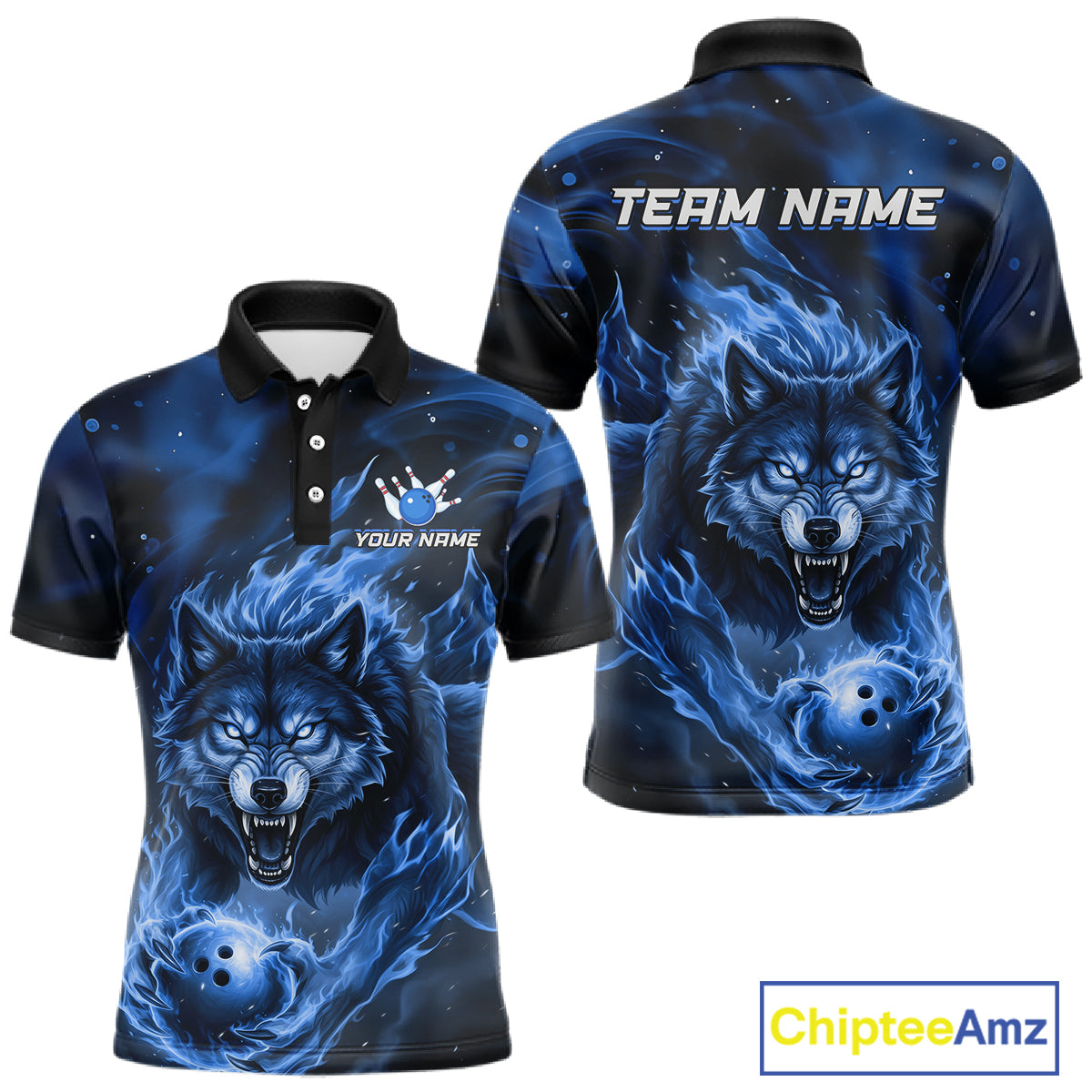 Custom Blue Flame Wolf Bowling Jersey for Men Bowling Team Shirts for Bowler Polo & 1/4 Zip HNT539