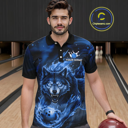 Custom Blue Flame Wolf Bowling Jersey for Men Bowling Team Shirts for Bowler Polo & 1/4 Zip HNT539