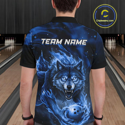 Custom Blue Flame Wolf Bowling Jersey for Men Bowling Team Shirts for Bowler Polo & 1/4 Zip HNT539