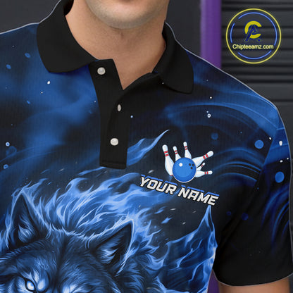 Custom Blue Flame Wolf Bowling Jersey for Men Bowling Team Shirts for Bowler Polo & 1/4 Zip HNT539