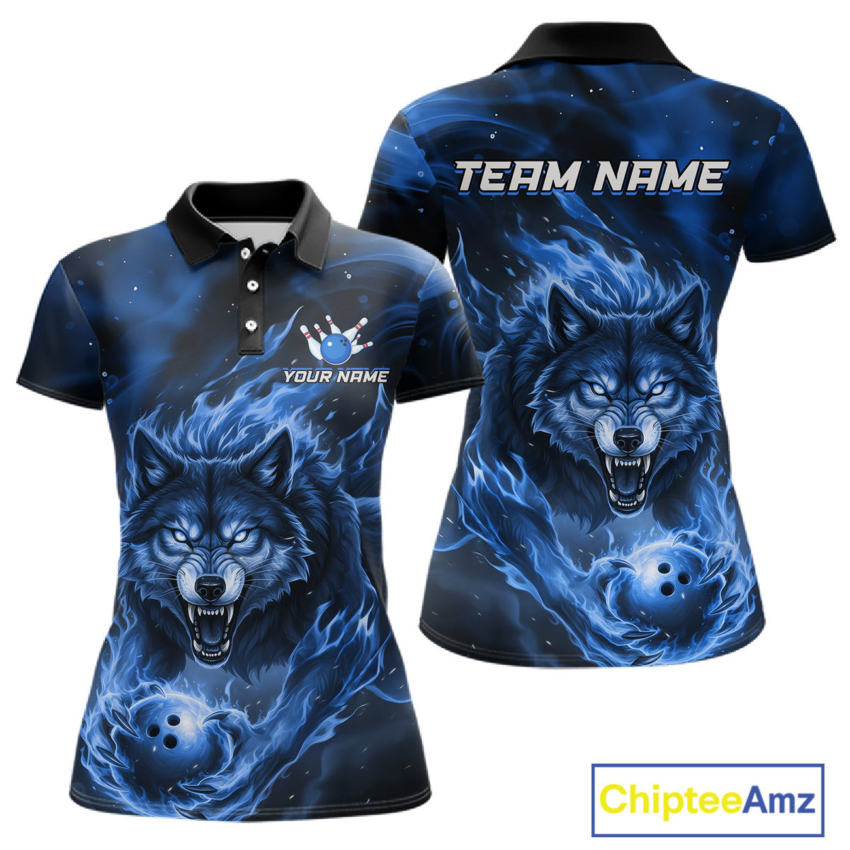 Custom Blue Flame Wolf Bowling Jersey for Women Bowling Team Shirts for Bowler Polo & 1/4 Zip HNT539