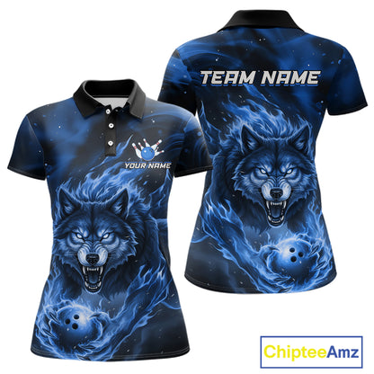 Custom Blue Flame Wolf Bowling Jersey for Women Bowling Team Shirts for Bowler Polo & 1/4 Zip HNT539