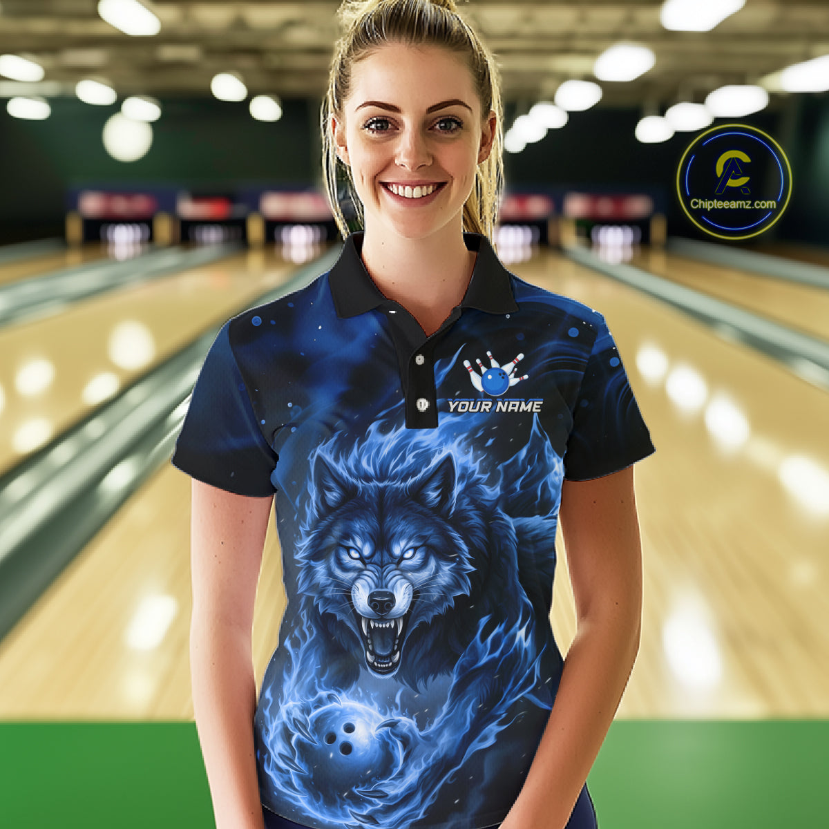 Custom Blue Flame Wolf Bowling Jersey for Women Bowling Team Shirts for Bowler Polo & 1/4 Zip HNT539
