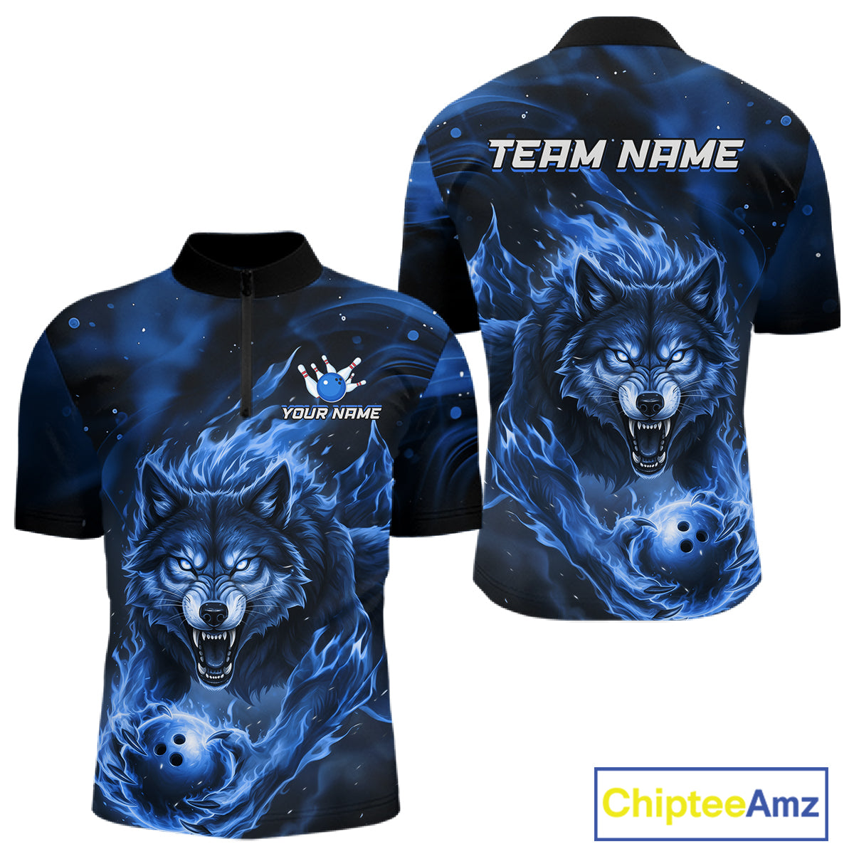 Custom Blue Flame Wolf Bowling Jersey for Men Bowling Team Shirts for Bowler Polo & 1/4 Zip HNT539