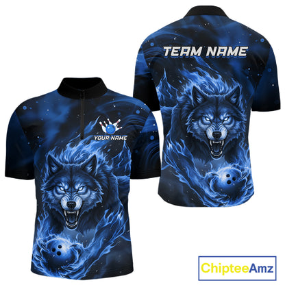 Custom Blue Flame Wolf Bowling Jersey for Men Bowling Team Shirts for Bowler Polo & 1/4 Zip HNT539