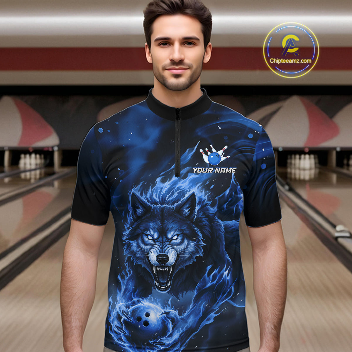 Custom Blue Flame Wolf Bowling Jersey for Men Bowling Team Shirts for Bowler Polo & 1/4 Zip HNT539