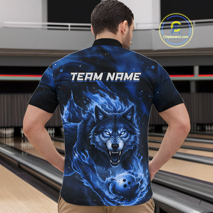 Custom Blue Flame Wolf Bowling Jersey for Men Bowling Team Shirts for Bowler Polo & 1/4 Zip HNT539