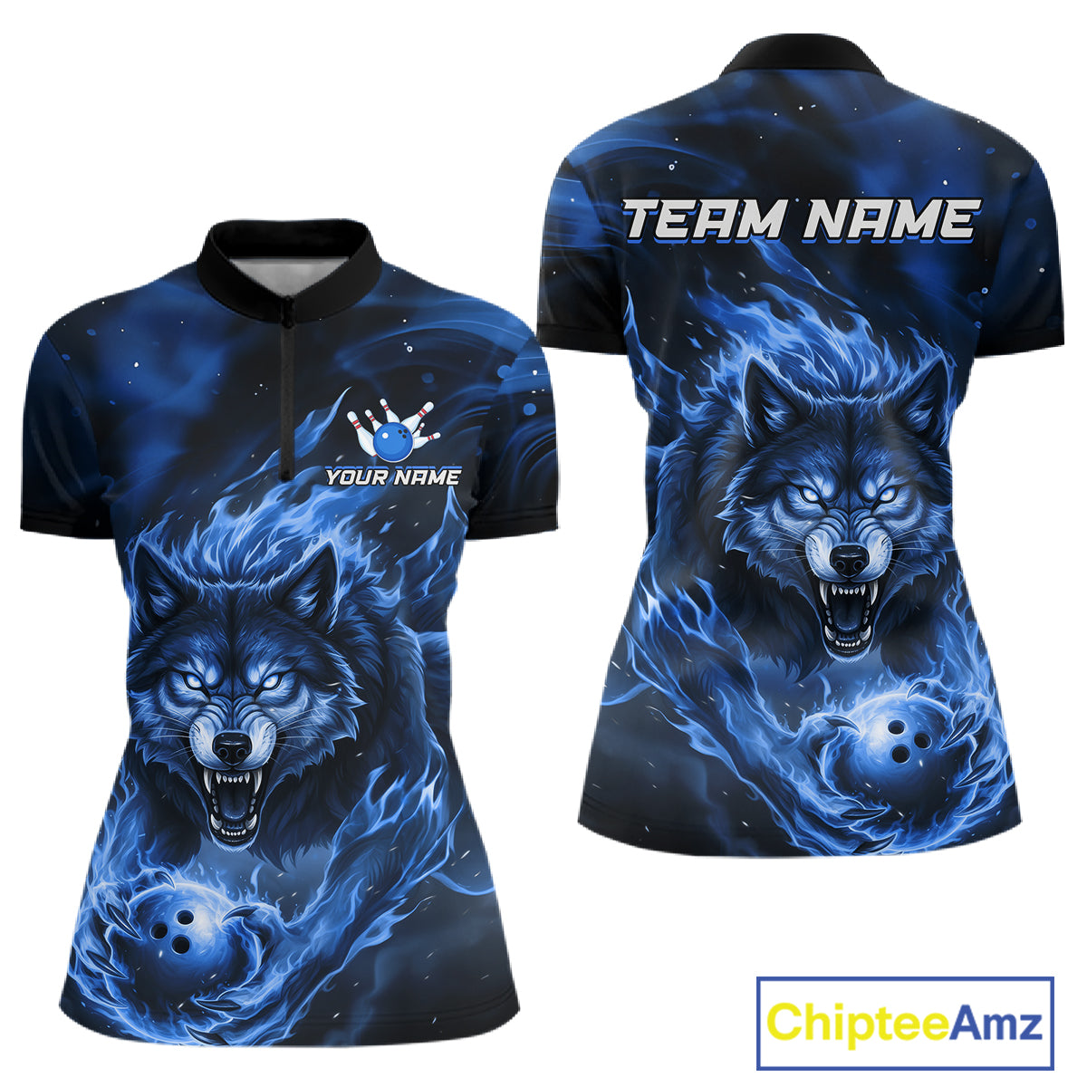 Custom Blue Flame Wolf Bowling Jersey for Women Bowling Team Shirts for Bowler Polo & 1/4 Zip HNT539