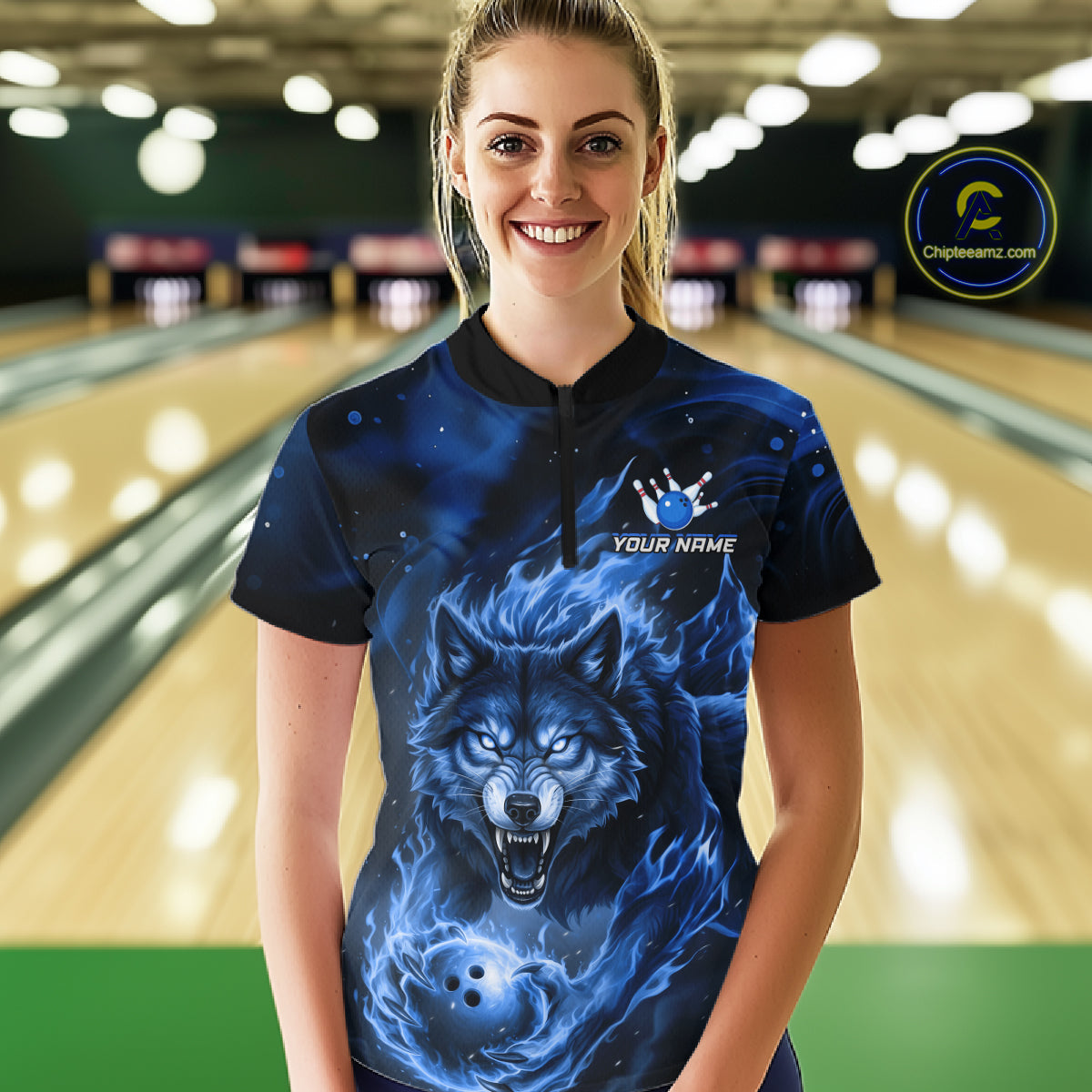 Custom Blue Flame Wolf Bowling Jersey for Women Bowling Team Shirts for Bowler Polo & 1/4 Zip HNT539