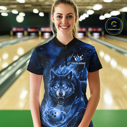 Custom Blue Flame Wolf Bowling Jersey for Women Bowling Team Shirts for Bowler Polo & 1/4 Zip HNT539