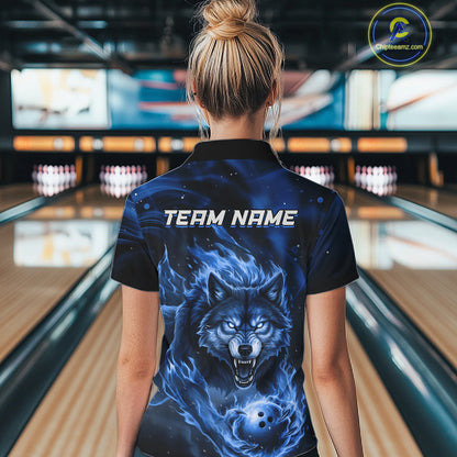 Custom Blue Flame Wolf Bowling Jersey for Women Bowling Team Shirts for Bowler Polo & 1/4 Zip HNT539