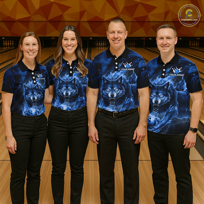 Custom Blue Flame Wolf Bowling Jersey for Women Bowling Team Shirts for Bowler Polo & 1/4 Zip HNT539