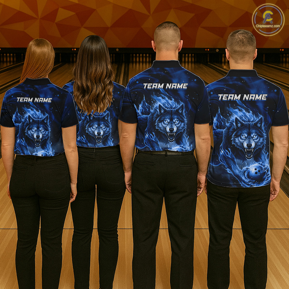 Custom Blue Flame Wolf Bowling Jersey for Women Bowling Team Shirts for Bowler Polo & 1/4 Zip HNT539