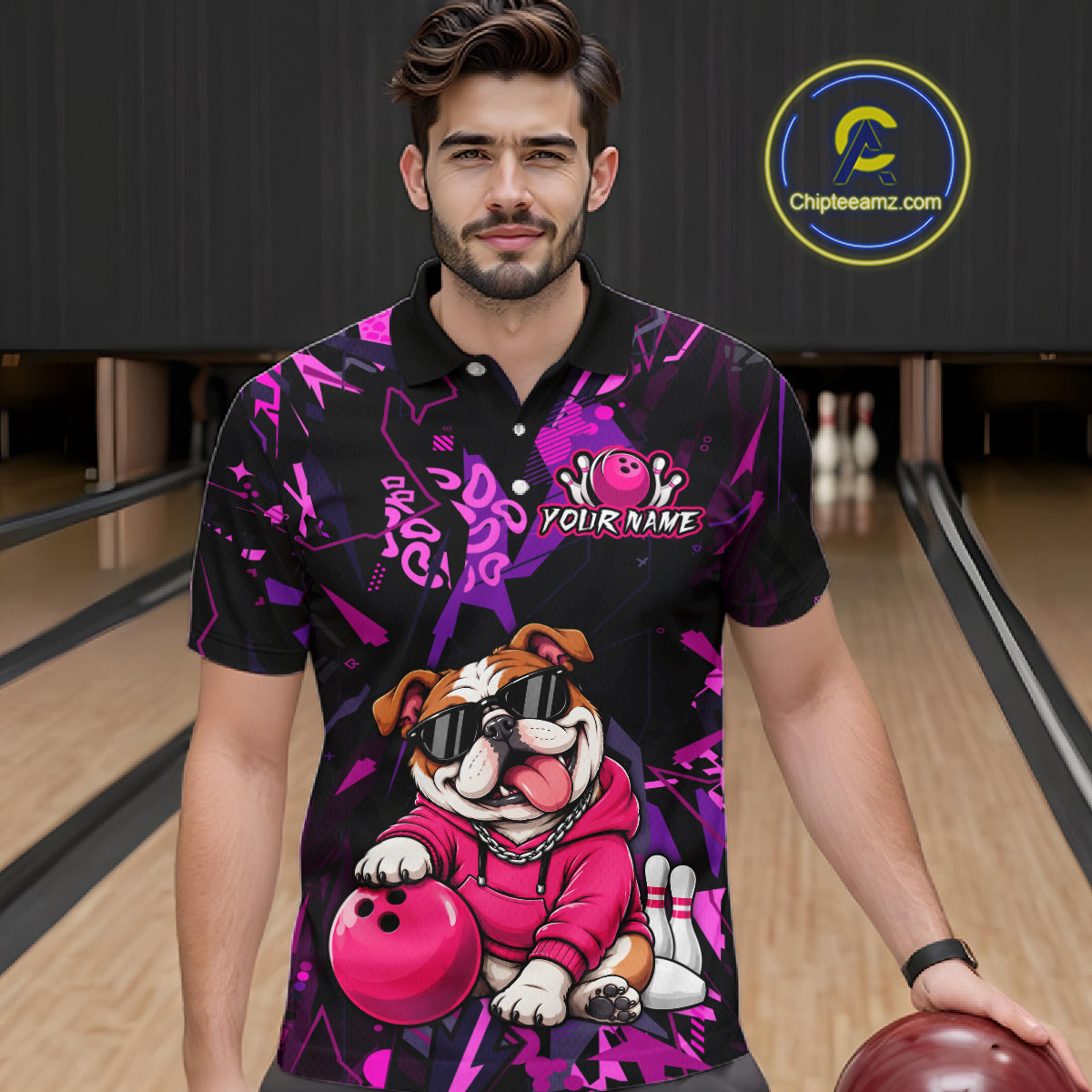 Custom Funny Pink Bulldog Bowling Team Shirts Bowling Jersey for Men Bowling League Shirts HNT626