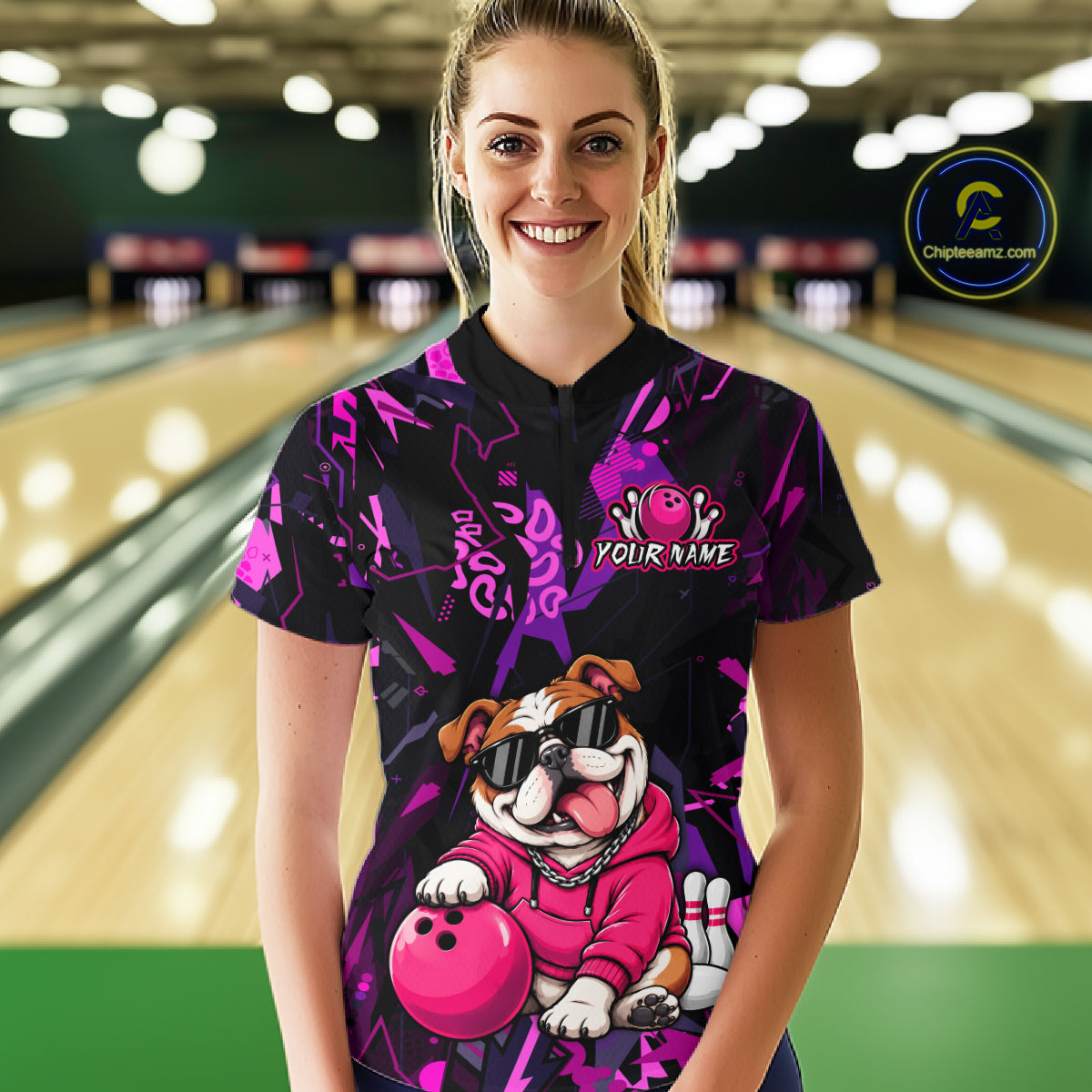 Custom Funny Pink Bulldog Bowling Team Shirts Bowling Jersey for Women Bowling League Shirts HNT626