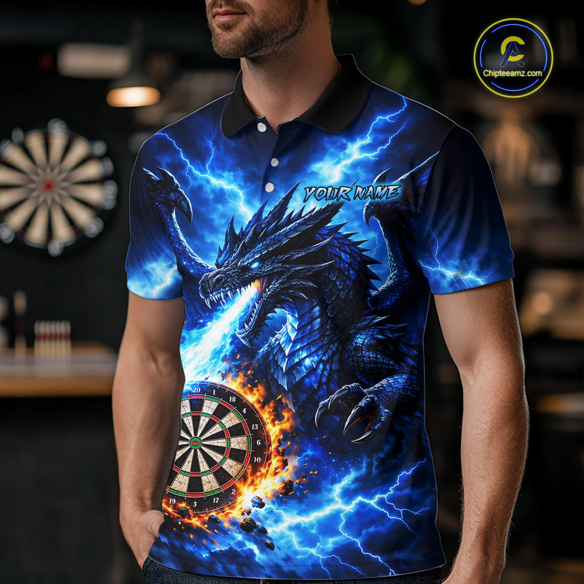 Custom Blue Flaming Dragon Dart Shirts for Men Dart Team Jerseys Dartboard League Shirt NNT338