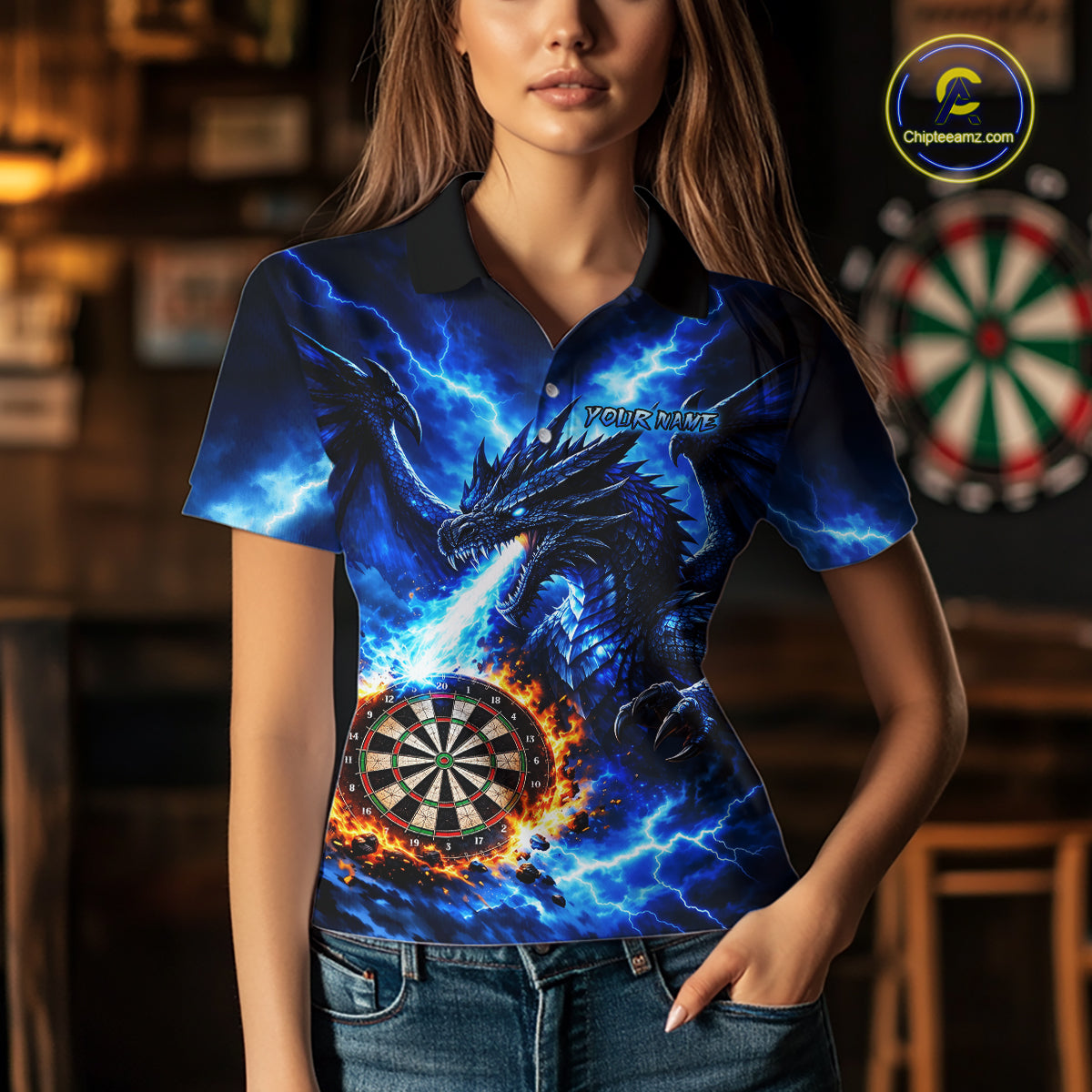 Custom Blue Flaming Dragon Dart Shirts for Women Dart Team Jerseys Dartboard League Shirt NNT338
