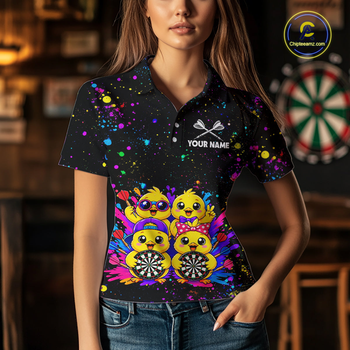 Custom Colorful Funny Chick Dart Shirts for Women Dart Team Jerseys Dartboard League Shirt NNT339