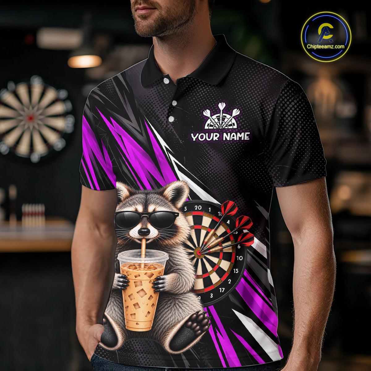 Custom Purple Funny Raccoon Drinking Iced Coffee Darts Team Shirts for Men Polo & 1/4 Zip NNT374