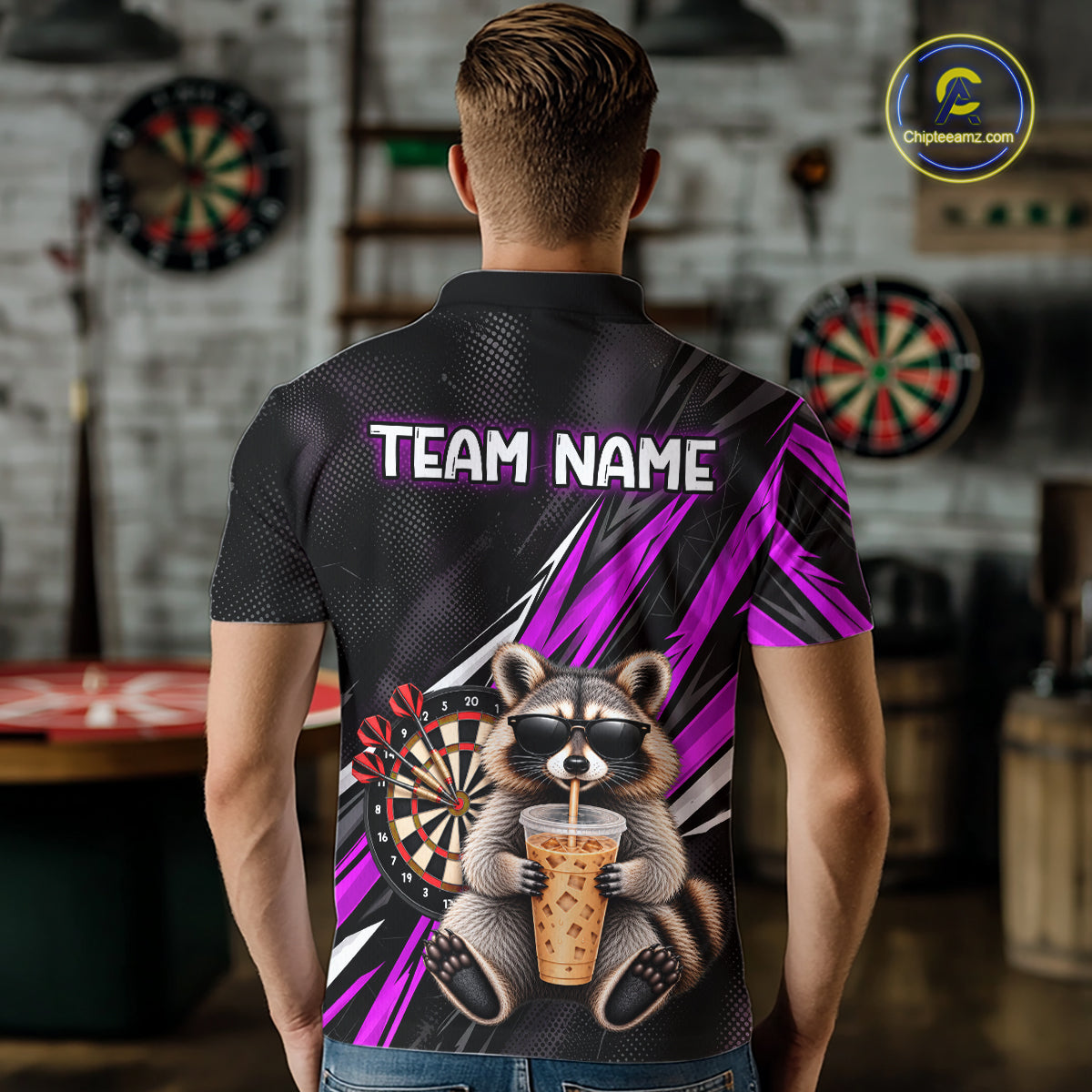 Custom Purple Funny Raccoon Drinking Iced Coffee Darts Team Shirts for Men Polo & 1/4 Zip NNT374