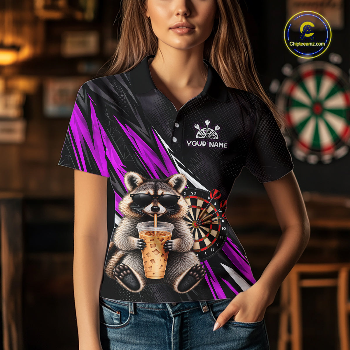 Custom Purple Funny Raccoon Drinking Iced Coffee Darts Team Shirts for Women Polo & 1/4 Zip NNT374