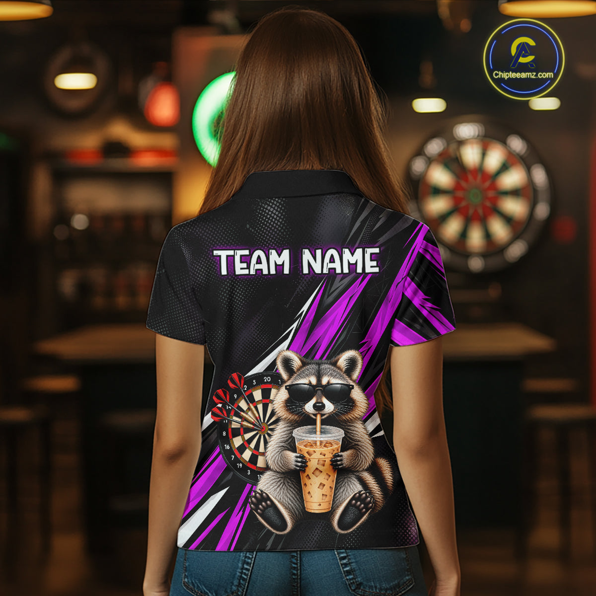 Custom Purple Funny Raccoon Drinking Iced Coffee Darts Team Shirts for Women Polo & 1/4 Zip NNT374