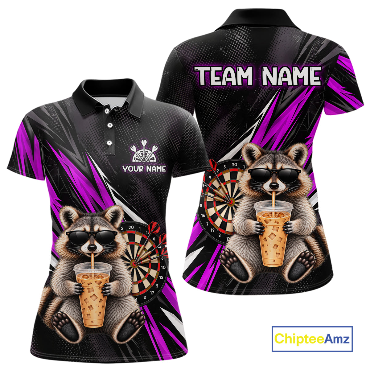 Custom Purple Funny Raccoon Drinking Iced Coffee Darts Team Shirts for Women Polo & 1/4 Zip NNT374