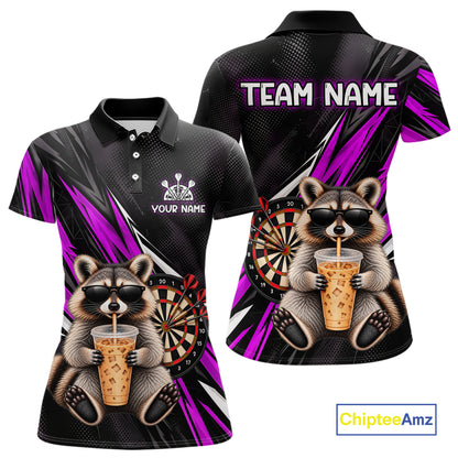 Custom Purple Funny Raccoon Drinking Iced Coffee Darts Team Shirts for Women Polo & 1/4 Zip NNT374