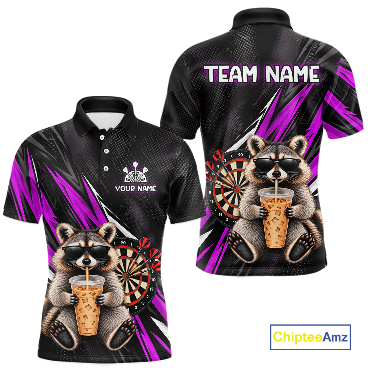 Custom Purple Funny Raccoon Drinking Iced Coffee Darts Team Shirts for Men Polo & 1/4 Zip NNT374