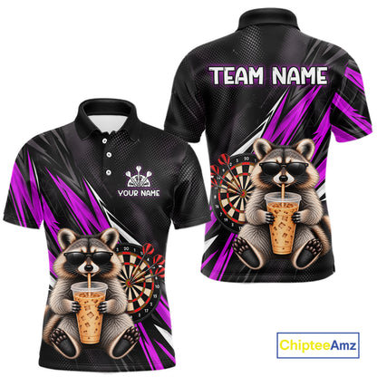 Custom Purple Funny Raccoon Drinking Iced Coffee Darts Team Shirts for Men Polo & 1/4 Zip NNT374