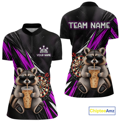 Custom Purple Funny Raccoon Drinking Iced Coffee Darts Team Shirts for Women Polo & 1/4 Zip NNT374
