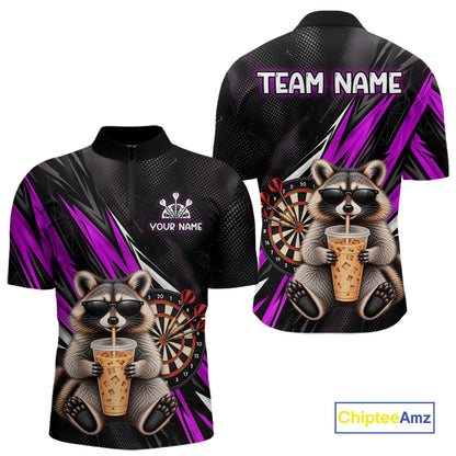 Custom Purple Funny Raccoon Drinking Iced Coffee Darts Team Shirts for Men Polo & 1/4 Zip NNT374