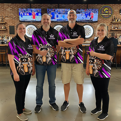 Custom Purple Funny Raccoon Drinking Iced Coffee Darts Team Shirts for Women Polo & 1/4 Zip NNT374
