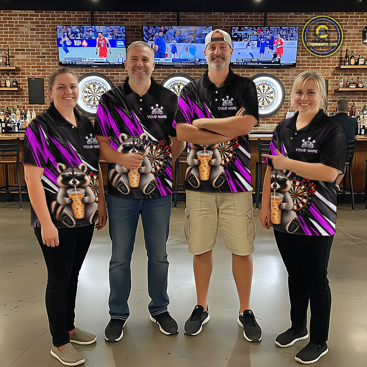 Custom Purple Funny Raccoon Drinking Iced Coffee Darts Team Shirts for Men Polo & 1/4 Zip NNT374
