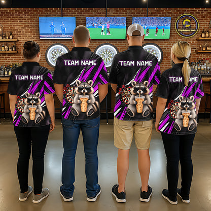 Custom Purple Funny Raccoon Drinking Iced Coffee Darts Team Shirts for Women Polo & 1/4 Zip NNT374