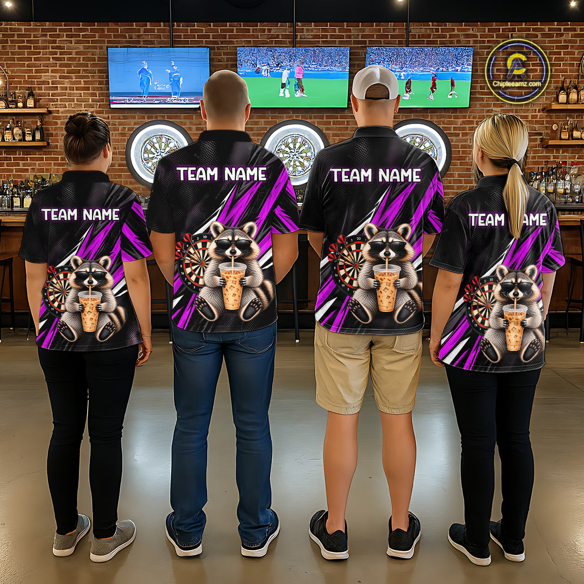 Custom Purple Funny Raccoon Drinking Iced Coffee Darts Team Shirts for Men Polo & 1/4 Zip NNT374