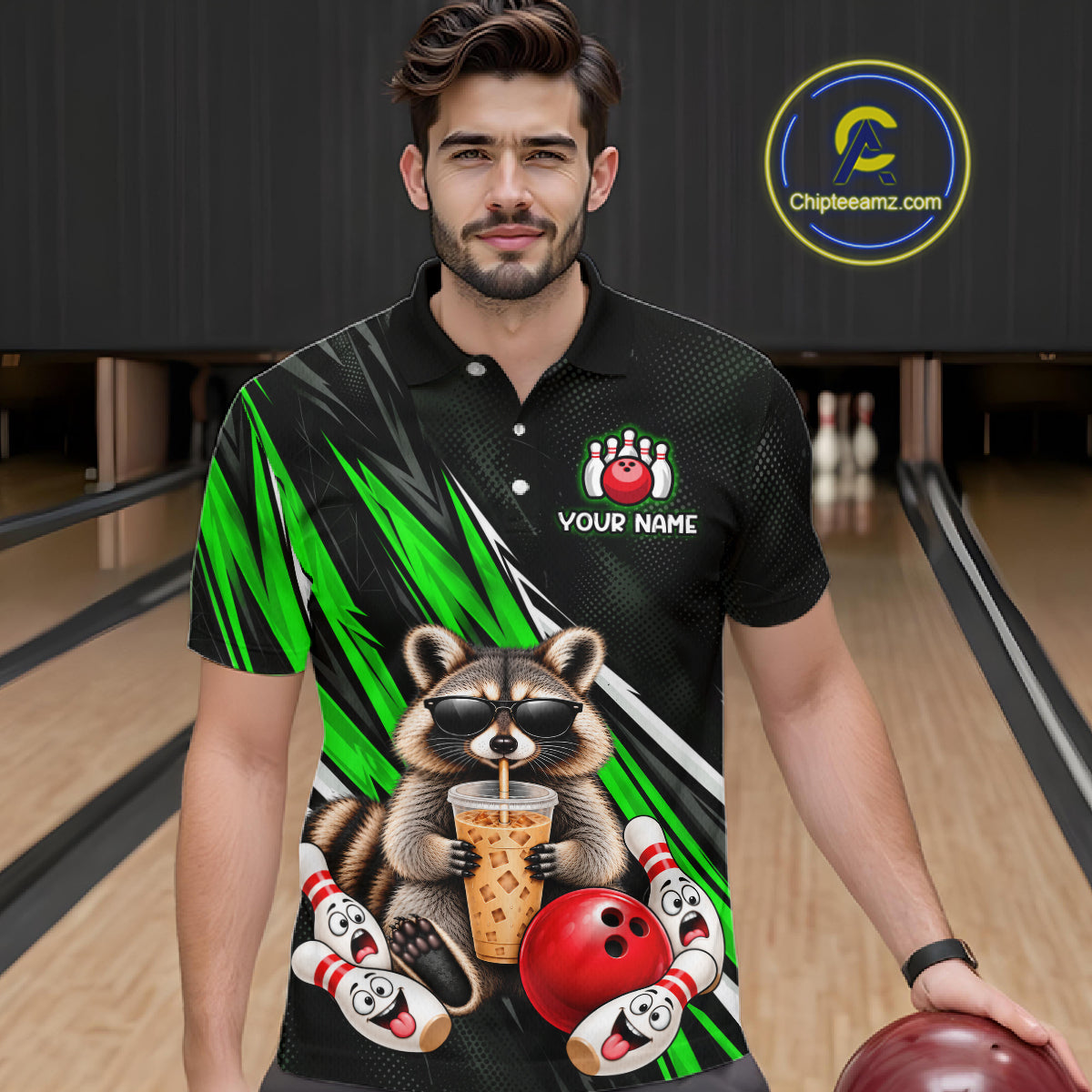 Green Funny Raccoon Drinking Iced Coffee Bowling Shirt, Custom Bowling Team Shirts for Men HNT684