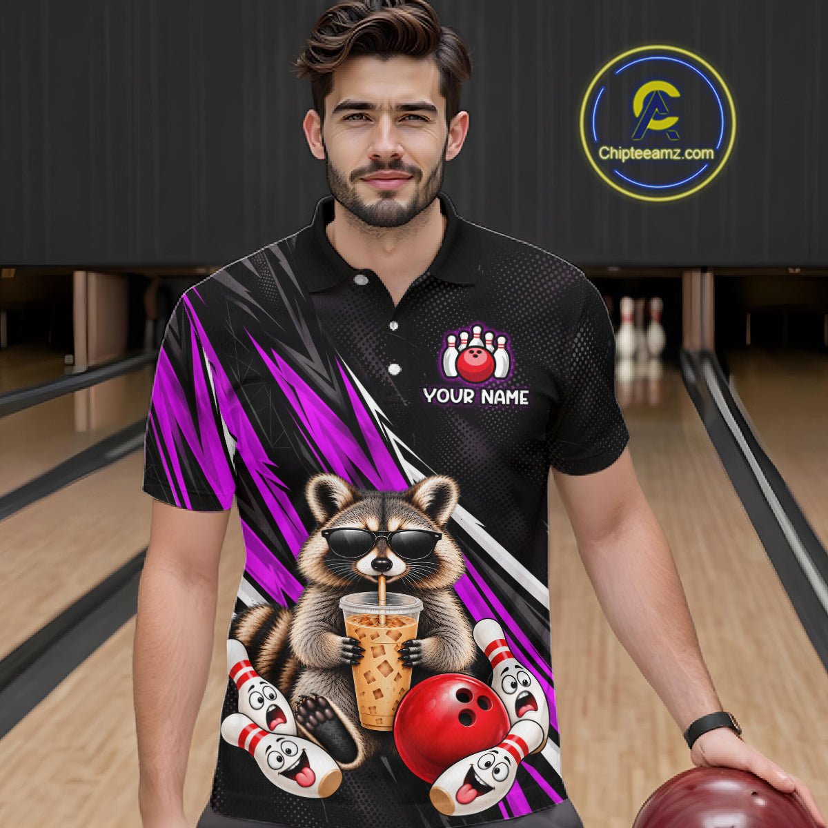 Purple Funny Raccoon Drinking Iced Coffee Bowling Shirt, Custom Bowling Team Shirts for Men HNT684