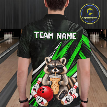 Green Funny Raccoon Drinking Iced Coffee Bowling Shirt, Custom Bowling Team Shirts for Men HNT684