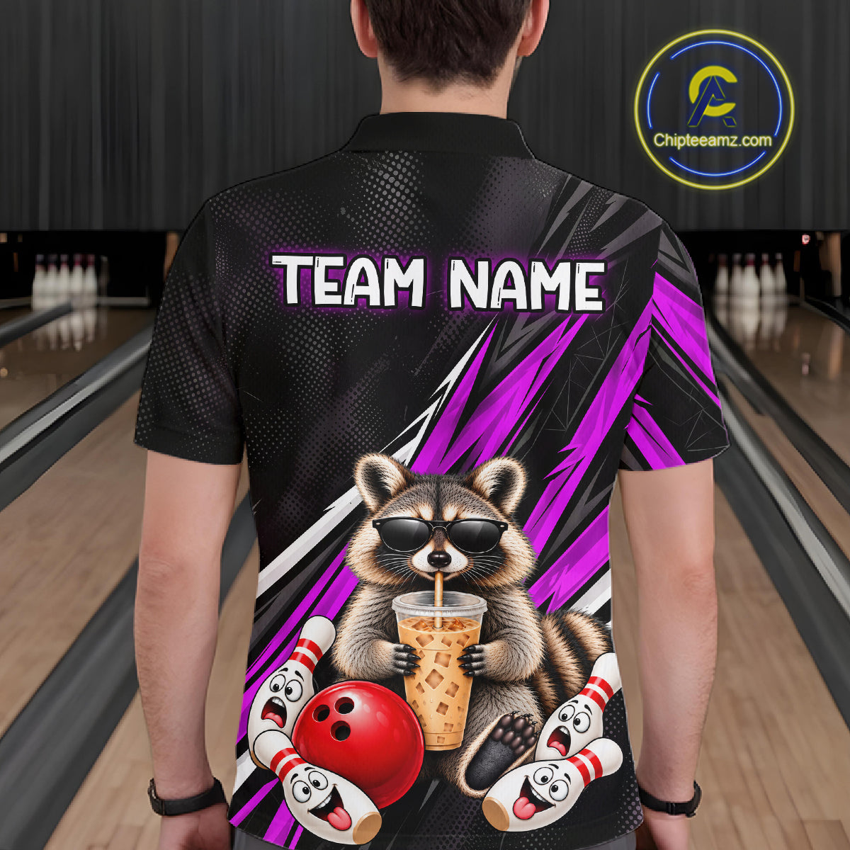 Purple Funny Raccoon Drinking Iced Coffee Bowling Shirt, Custom Bowling Team Shirts for Men HNT684