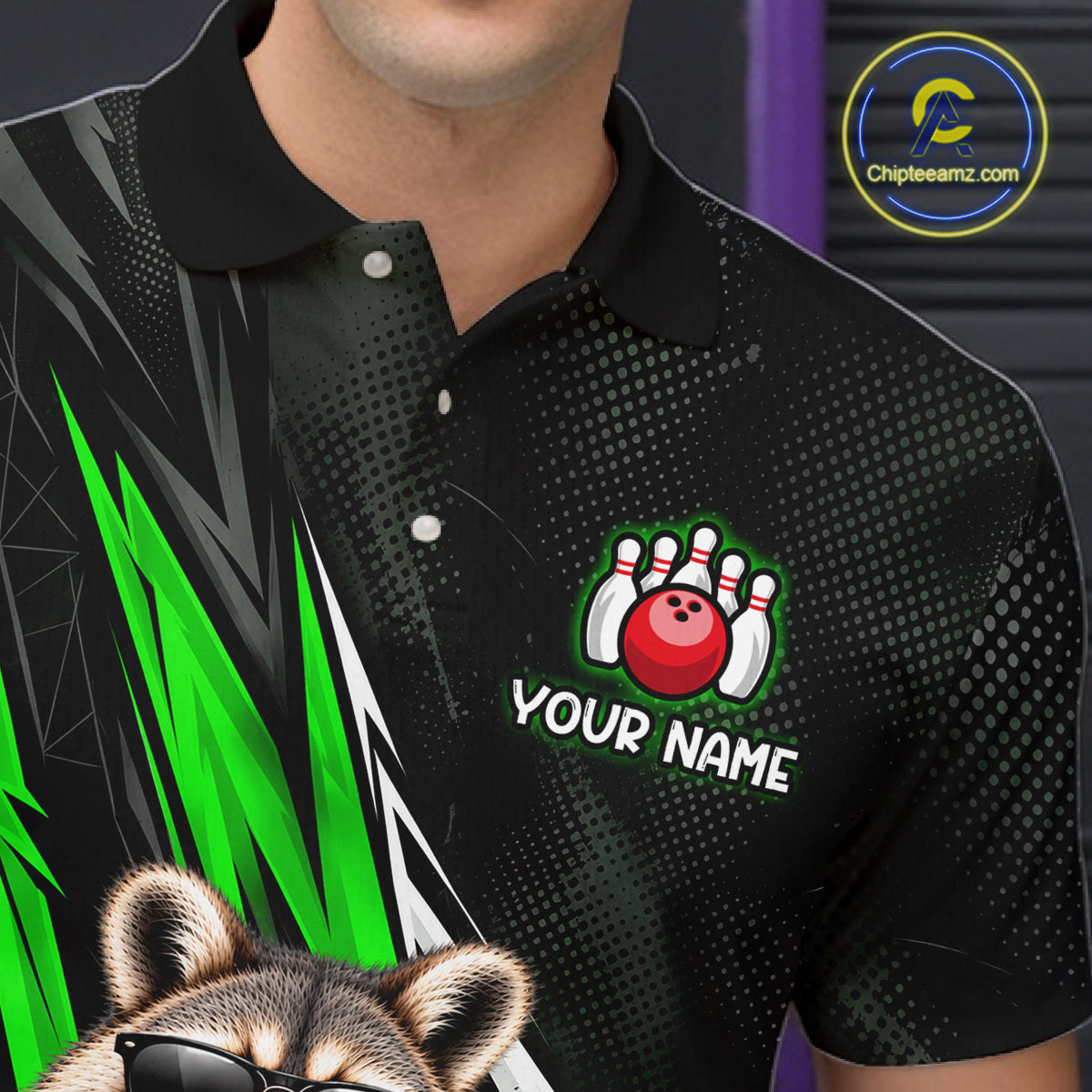 Green Funny Raccoon Drinking Iced Coffee Bowling Shirt, Custom Bowling Team Shirts for Men HNT684