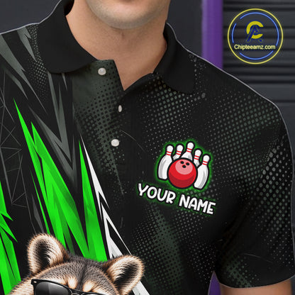 Green Funny Raccoon Drinking Iced Coffee Bowling Shirt, Custom Bowling Team Shirts for Men HNT684