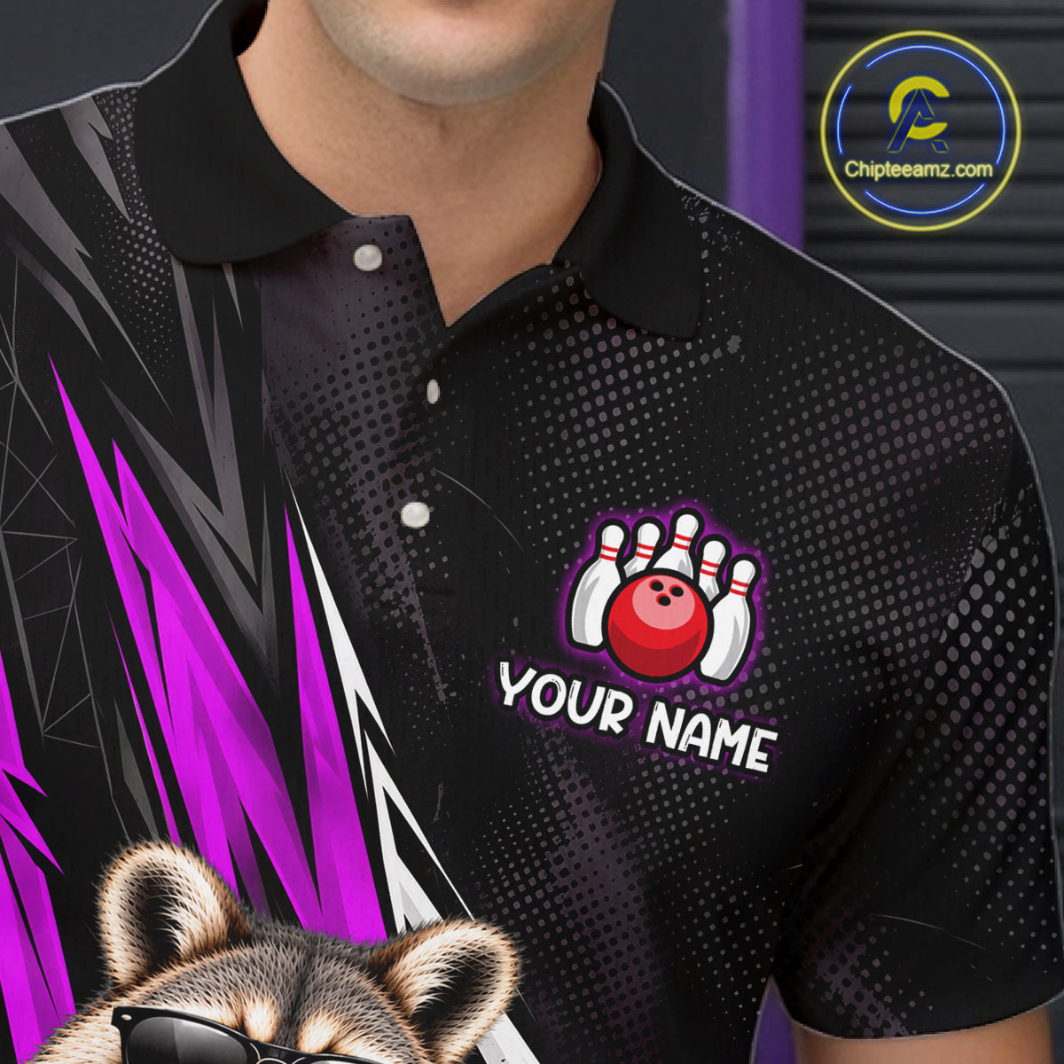 Purple Funny Raccoon Drinking Iced Coffee Bowling Shirt, Custom Bowling Team Shirts for Men HNT684