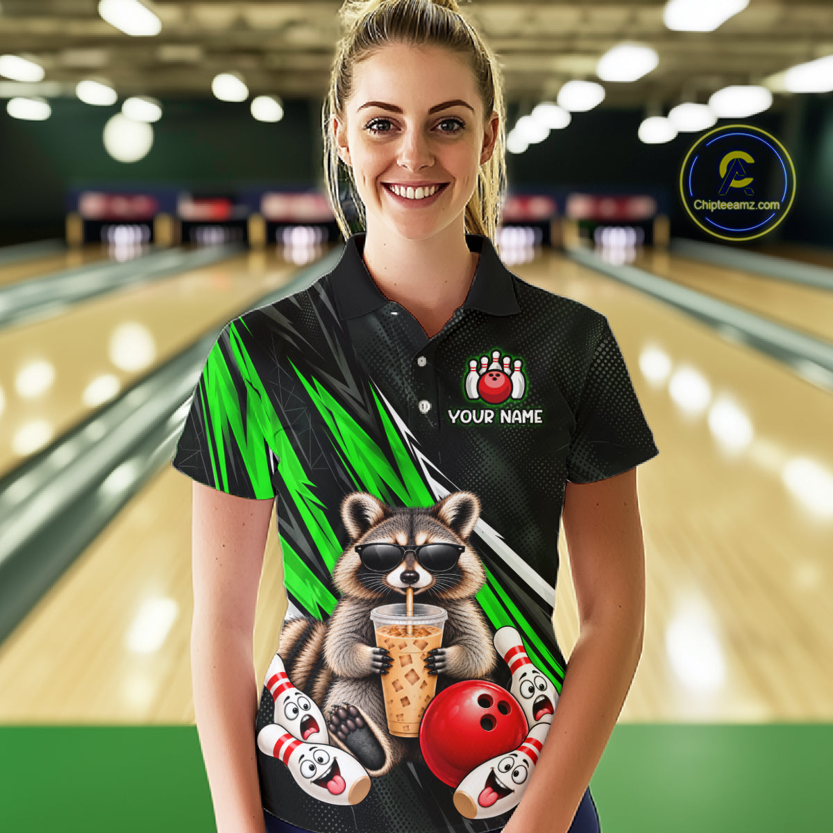 Green Funny Raccoon Drinking Iced Coffee Bowling Shirt, Custom Bowling Team Shirts for Women HNT684
