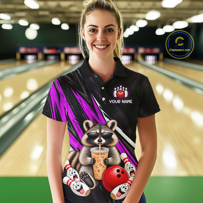 Purple Funny Raccoon Drinking Iced Coffee Bowling Shirt, Custom Bowling Team Shirts for Women HNT684
