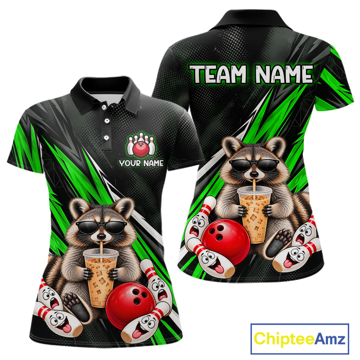 Green Funny Raccoon Drinking Iced Coffee Bowling Shirt, Custom Bowling Team Shirts for Women HNT684