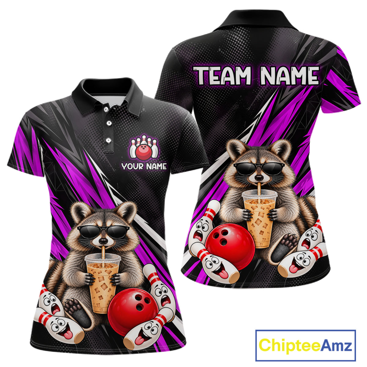 Purple Funny Raccoon Drinking Iced Coffee Bowling Shirt, Custom Bowling Team Shirts for Women HNT684