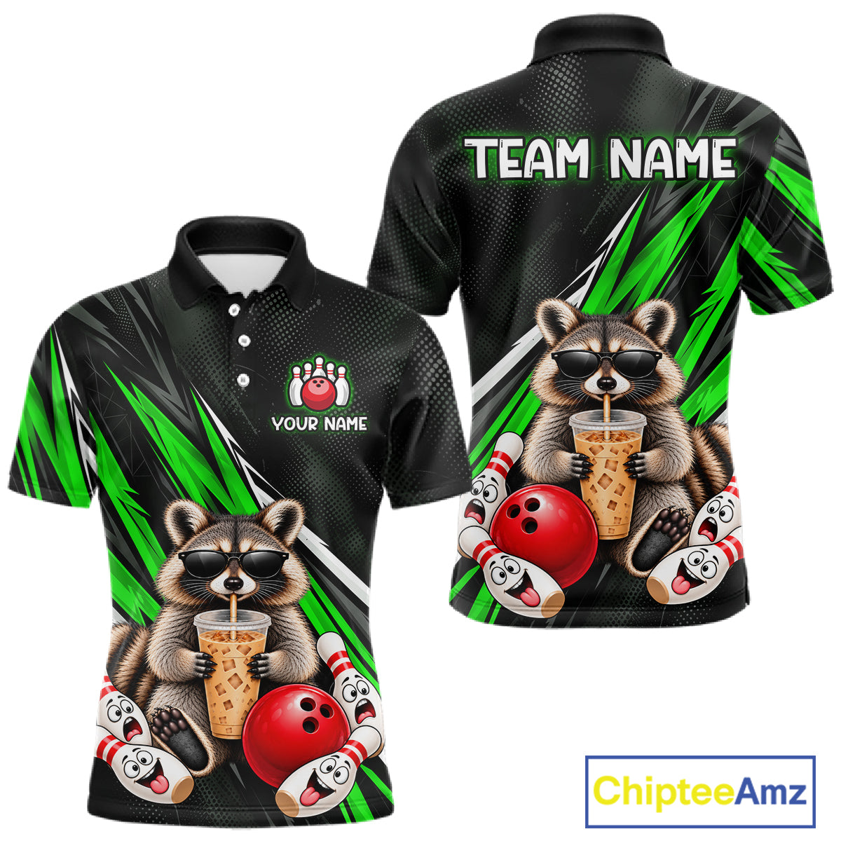 Green Funny Raccoon Drinking Iced Coffee Bowling Shirt, Custom Bowling Team Shirts for Men HNT684