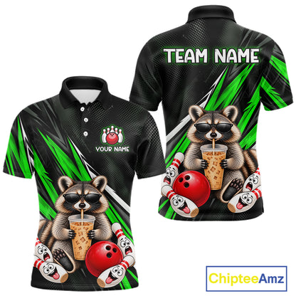 Green Funny Raccoon Drinking Iced Coffee Bowling Shirt, Custom Bowling Team Shirts for Men HNT684